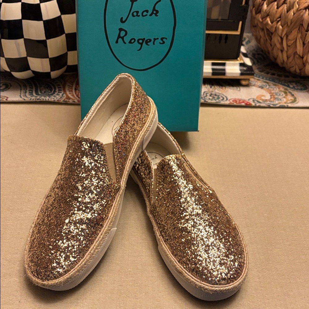 NWOT - Jack Rogers - size 6.5 gold glitter slip on tennis shoes